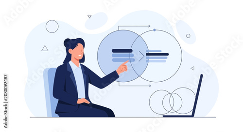 Businesswoman presenting data analysis using Venn diagrams and laptop, concept of strategy and planning