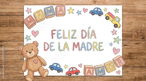 Cute Feliz Día de la Madre Greeting Card with Teddy Bear, Alphabet Blocks and Toy Cars in Childlike Doodle Style