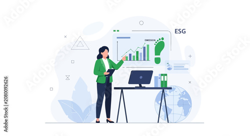 Businesswoman presenting ESG strategy with carbon footprint analysis and global sustainability goals