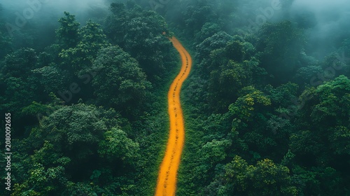 Yellow road through green forest
