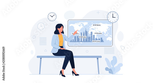 Businesswoman Presenting Global Data and Time Zones on a Digital Screen with Charts and World Map