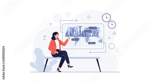 Businesswoman Presenting Global Time Zones and Data on a Futuristic Screen with Clocks