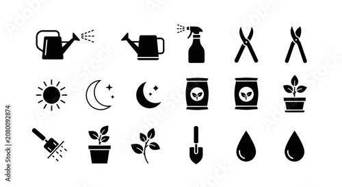 Gardening tools plant care equipment nature elements icons set