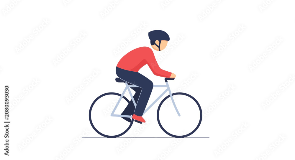Fototapeta premium Man in Helmet Riding Bicycle, Flat Design, Vector Illustration