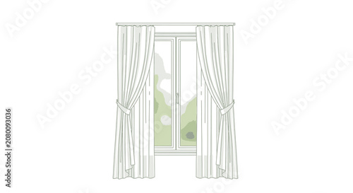 Interior window with white curtains and greenery view