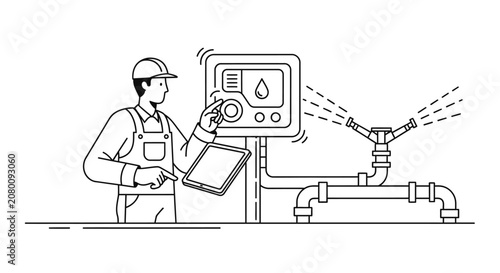 Man controls automated irrigation system with tablet and control panel