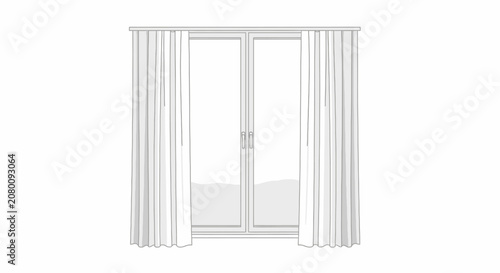 Interior scene with large window and white curtains