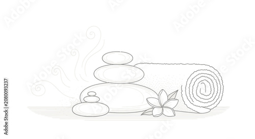 Serene spa stones and rolled towel with flower and steam illustration