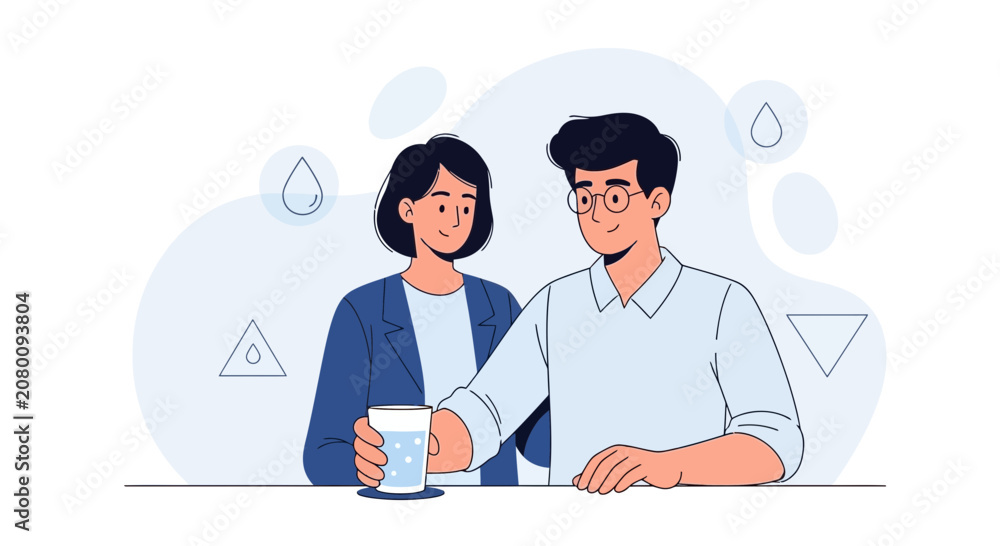 Fototapeta premium Couple enjoying clean water, symbolizing health, hydration, and environmental consciousness in a modern flat illustration style.