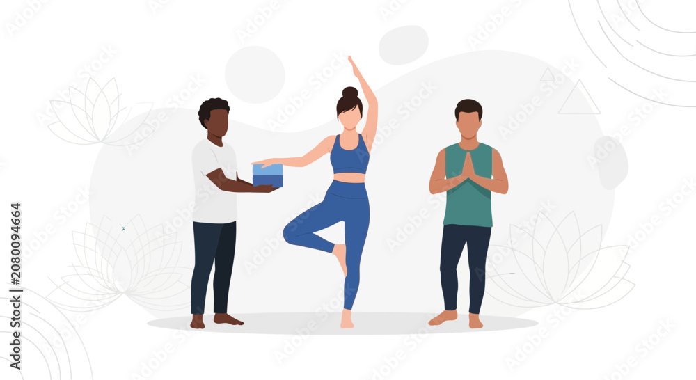 Obraz premium Diverse Group Practicing Yoga Together: Woman in Tree Pose, Man offering block, Man in Namaste.