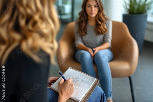 Young woman sits tense and thoughtful in an armchair across from a therapist taking notes on a clipboard in a calm modern counseling office
