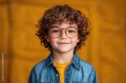 young child with curly brown hair and blurred face wearing a denim jacket over a mustard shirt against a warm yellow backdrop, calm expression