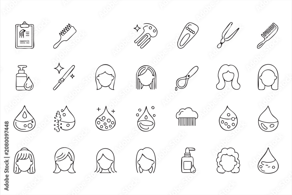 Fototapeta premium Hair Grooming Line Icon Pack with Scalp Care and Beauty Essentials