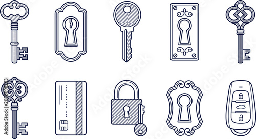 Fotografija Vintage and Modern Security Access Icon Set featuring Antique Skeleton Keys, Key