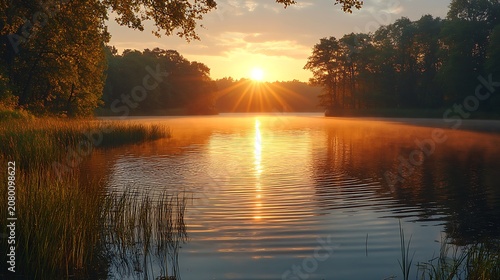 Sunrise over lake water trees