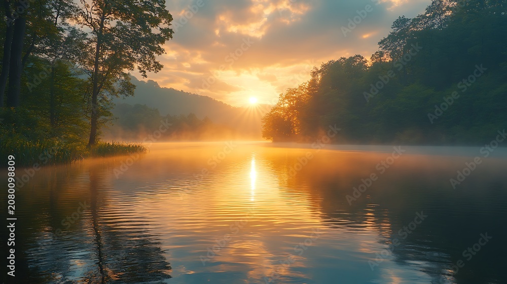 Obraz premium Sunrise over misty lake water