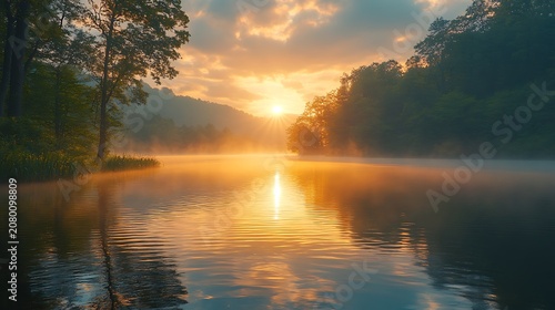 Sunrise over misty lake water