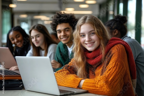 Group of young adults studying intently on laptops in a bright study hall, focused woman in an orange sweater and red scarf among collaborative peers