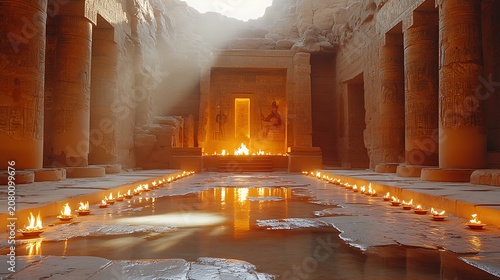 Ancient temple interior with warm light