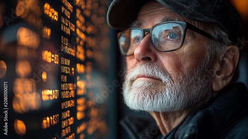 Senior man contemplating illuminated text wall