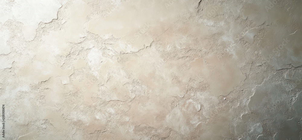 Naklejka premium warm beige and cream textured plaster wall with cracked stucco, subtle shadows and aged patina conveying a calm, rustic and serene mood