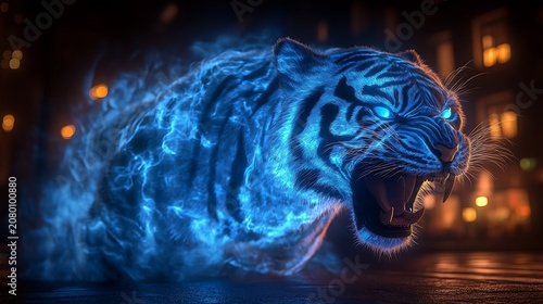 Fierce tiger in blue flames