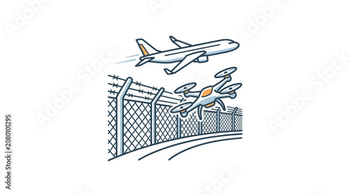 Modern Drone and Airplane Security Near Airport Fence