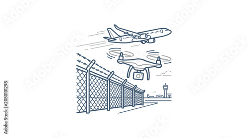 Drone Camera Surveillance Near Airport Restricted Fence