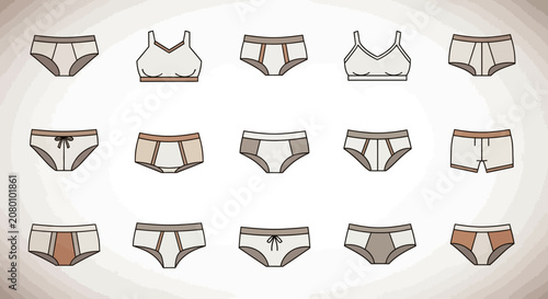 Collection of hand drawn underwear icons including briefs boxers and bras vector illustration.