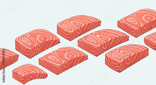 Isometric vector illustration of raw salmon fillets arranged in rows on a light background.