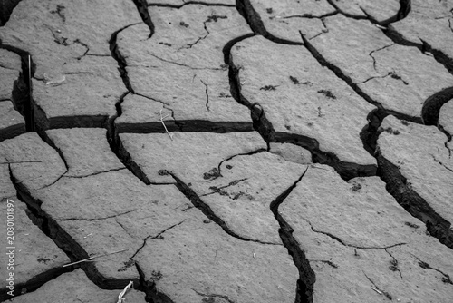 Obraz na plátně Black and white texture of dry cracked soil, ideal for ecological articles, global warming banners, climate change designs, and commercial backgrounds