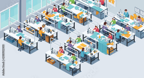 Isometric vector illustration of workers at workstations on a modern factory assembly line floor.
