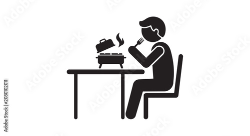Man Sitting At Table Eating Hot Food Silhouette Icon