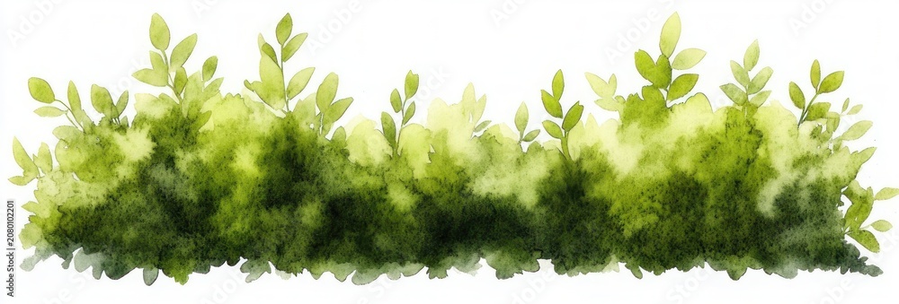 Fototapeta premium watercolor green hedge with leafy sprigs and paint splatters on white background, conveying a fresh calm natural mood