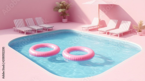 Pastel pink pool with two pink inflatable rings, striped lounge chairs, umbrella and potted palms, serene dreamy summer poolside scene of relaxation and leisurely sunshine
