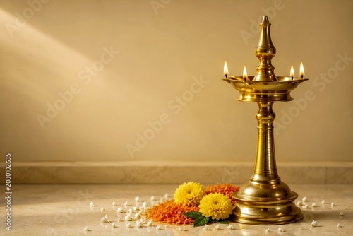 Traditional Brass Kerala Nilavilakku Oil Lamp with Flowers and Copy Space