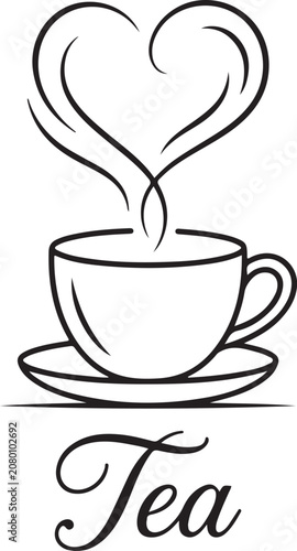 Simple line art drawing of a tea cup with steam in a heart shape and the word tea underneath