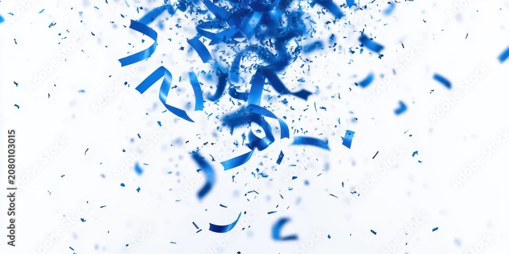 Naklejka premium blue paper confetti and curling ribbons bursting midair on white background with energetic celebratory mood