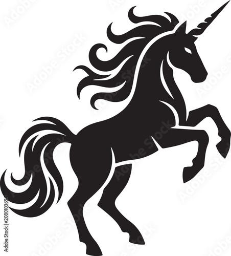 Black silhouette of a rearing unicorn with a long flowing mane standing in a majestic pose for design projects