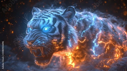 Powerful glowing tiger in fire and electric effect