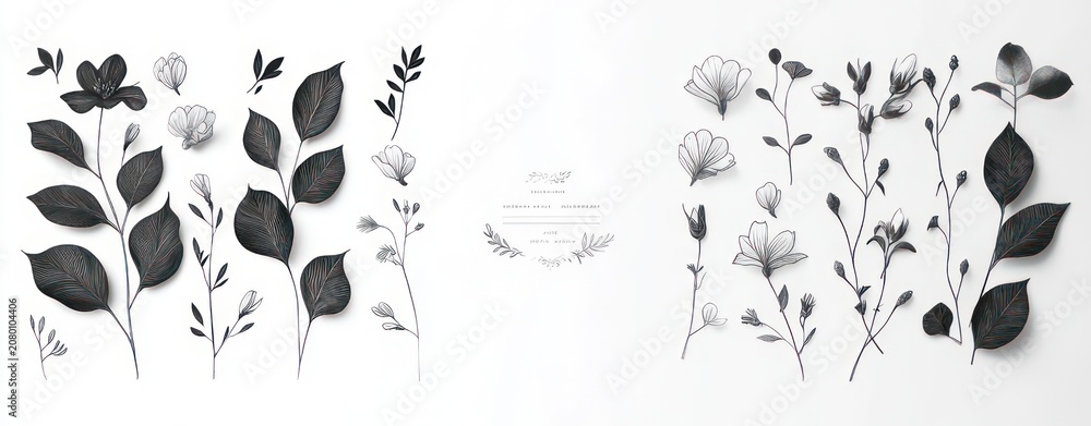 Fototapeta premium monochrome paper floral composition with leaves, stems, buds and delicate blossoms arranged symmetrically on white background, serene minimalist mood