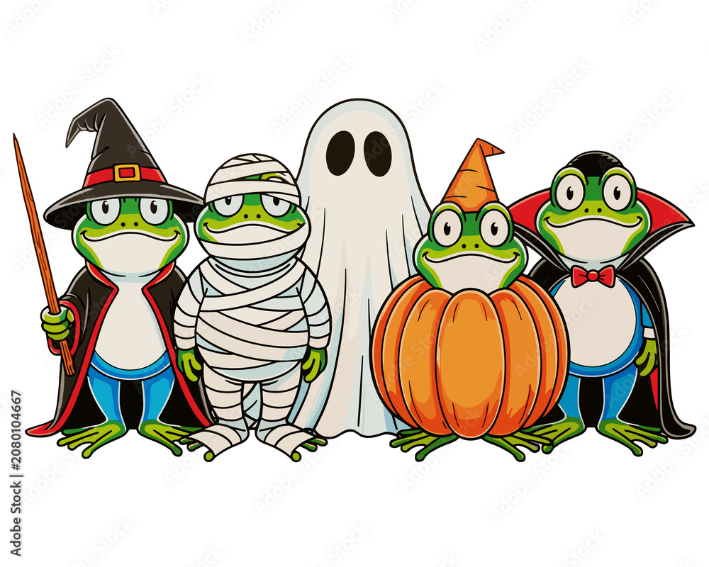 Fototapeta premium Spooky Frogs Halloween Costume Party Ghost Pumpkin Mummy Retro Vibes