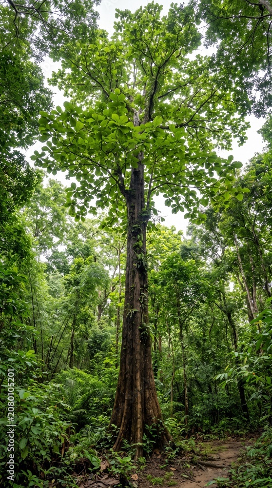 Fototapeta premium Tall Teak Tree in Lush Tropical Forest
