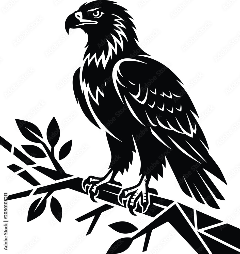 Fototapeta premium Majestic Eagle Perched on a Tree Branch Vector Illustration with Detailed Black Silhouette Feather Shading for Wildlife Logos, Crests, and Patriotic Graphic Designs