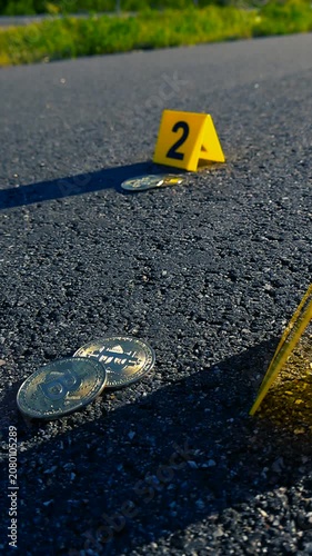 Bitcoin coins lying on the asphalt next to yellow crime scene evidence markers on a sunny day, symbolizing the concept of cryptocurrency crime, investigation, fraud, or financial loss