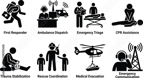 Obraz na plátne Emergency Medical Response and First Responder Icon Set with CPR Rescue and Ambu