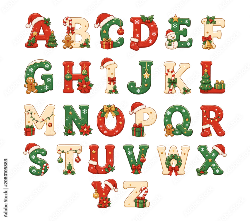Naklejka premium Christmas Alphabet Set with Holiday Decorations and Symbols