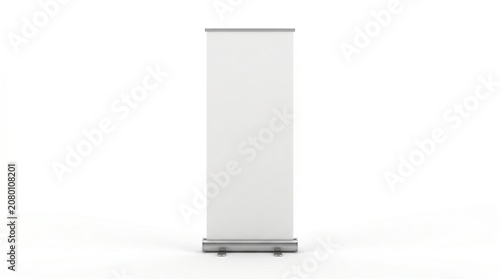 Blank roll up banner mockup template isolated on white background. Clean vertical display stand for marketing exhibitions, trade shows, business presentations, and corporate advertising.