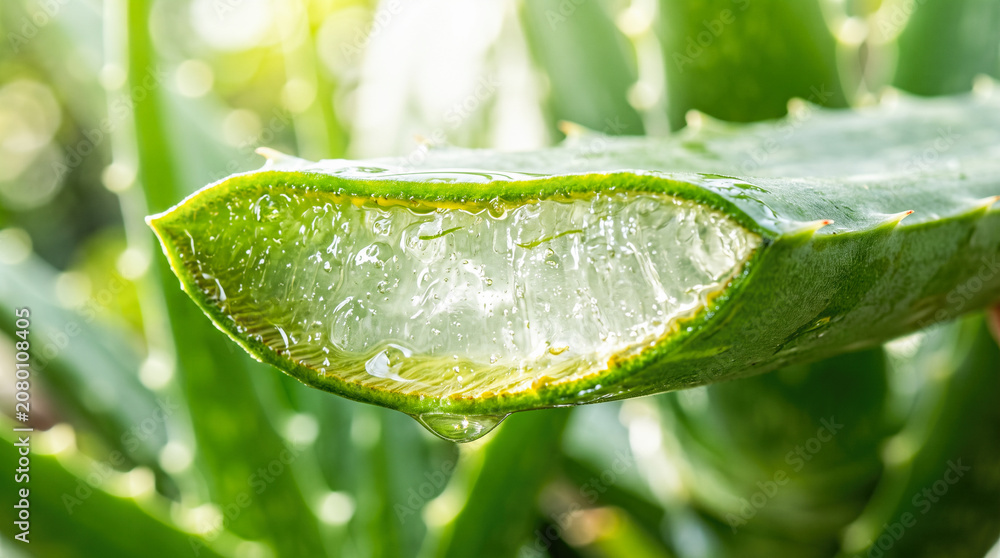 Fototapeta premium Fresh organic green aloe vera leaf cross section showing dripping pure transparent healing liquid gel against bright blurred natural background