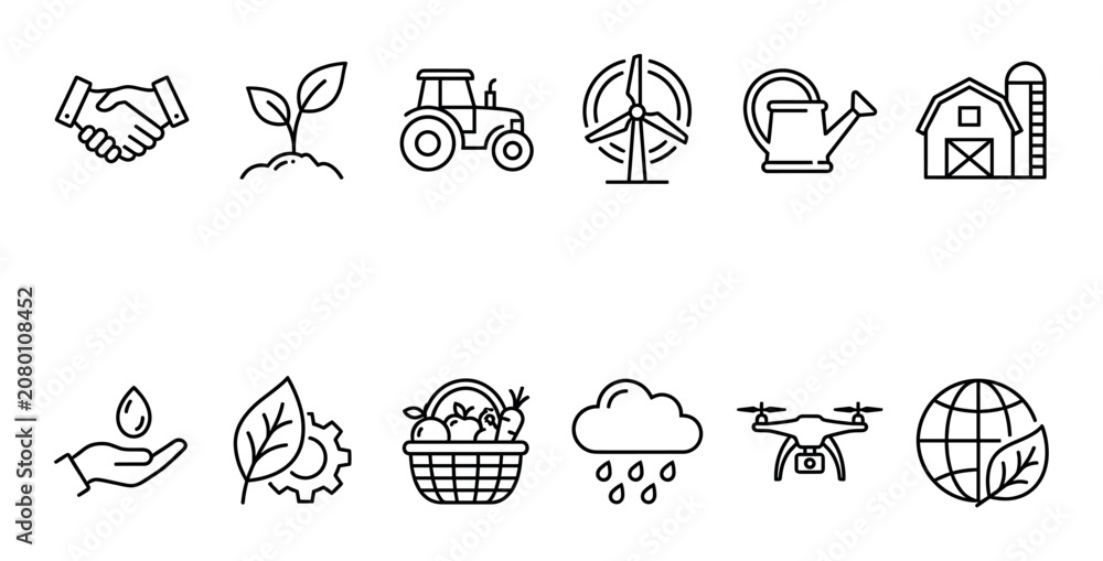 Fototapeta premium Collection of various black line art icons representing agriculture, farming, and environmental sustainability on a clean white background